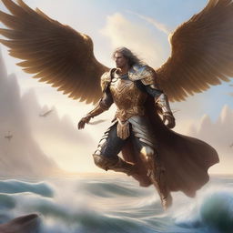 A beautiful male aasimar in bronze armor flying above a vast sea with large hawk-like wings