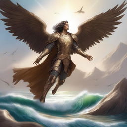 A beautiful male aasimar in bronze armor flying above a vast sea with large hawk-like wings