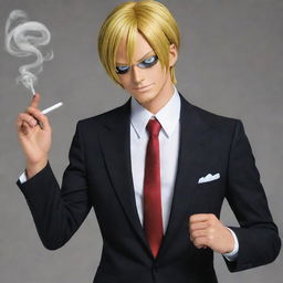 Create an image of Sanji, otherwise known as 'Black Leg' Sanji from One Piece. He should be in his classic outfit with a suit, tie, and his hair covering one eye. Known for his cooking, show him lighting  a cigarette.