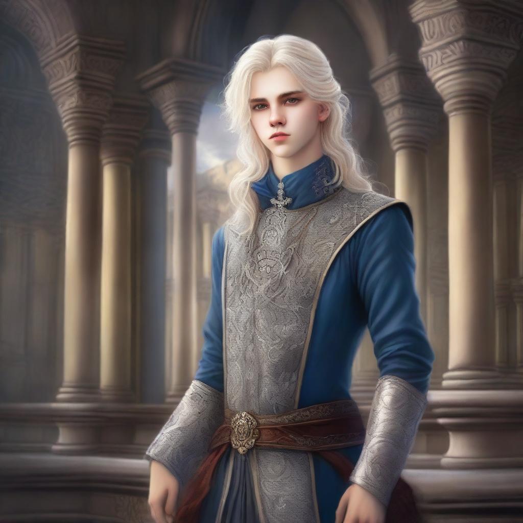 A painting of an arrogant noble teen with silvery blonde hair, depicted in a fantasy art style