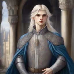 A painting of an arrogant noble teen with silvery blonde hair, depicted in a fantasy art style