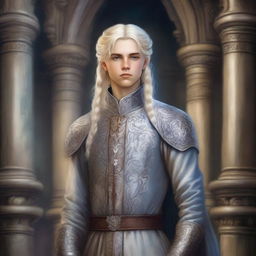 A painting of an arrogant noble teen with silvery blonde hair, depicted in a fantasy art style