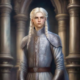 A painting of an arrogant noble teen with silvery blonde hair, depicted in a fantasy art style