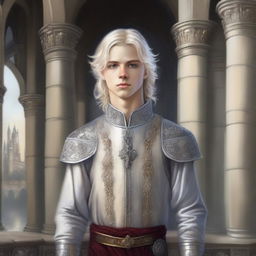 A painting of an arrogant noble teen with silvery blonde hair, depicted in a fantasy art style