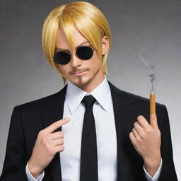 Create an image of Sanji, otherwise known as 'Black Leg' Sanji from One Piece. He should be in his classic outfit with a suit, tie, and his hair covering one eye. Known for his cooking, show him lighting  a cigarette.