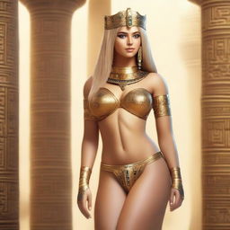 A beautiful blonde woman with thick, toned thighs and sexy legs, a dry abdomen, wide hips, an hourglass figure, perfect legs, a perfect body, a harmonious body, a thin waist, a pretty face with a defined jawline, a square face, short shoulders, dressed in an Egyptian princess outfit