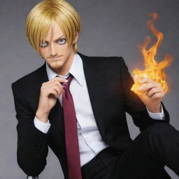 Create an image of Sanji, otherwise known as 'Black Leg' Sanji from One Piece. He should be in his classic outfit with a suit, tie, and his hair covering one eye. Known for his cooking, show him lighting  a cigarette.