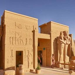 Ancient Egyptian-themed tourism company exterior modeled after pharaonic temples, and an interior showcasing the reception and staff offices dressed in Egyptian civilization decor.