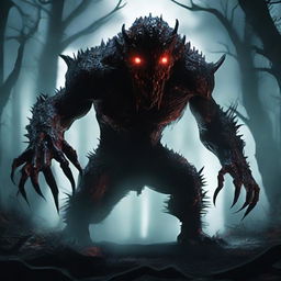 A terrifying monster with sharp claws, glowing red eyes, and a menacing appearance, lurking in a dark and eerie environment