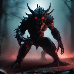 A terrifying monster with sharp claws, glowing red eyes, and a menacing appearance, lurking in a dark and eerie environment