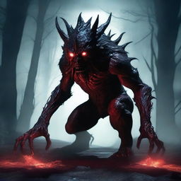 A terrifying monster with sharp claws, glowing red eyes, and a menacing appearance, lurking in a dark and eerie environment