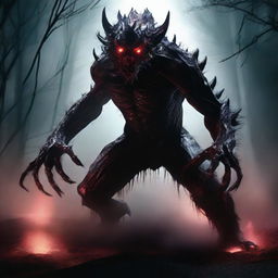 A terrifying monster with sharp claws, glowing red eyes, and a menacing appearance, lurking in a dark and eerie environment