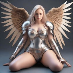 A blonde, sexy girl sitting with her legs open, wearing angelic armor, wings, an expression of pleasure, a sexy body with perfect curves, thick legs, muscular thighs, and a large butt