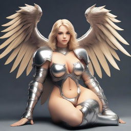 A blonde, sexy girl sitting with her legs open, wearing angelic armor, wings, an expression of pleasure, a sexy body with perfect curves, thick legs, muscular thighs, and a large butt