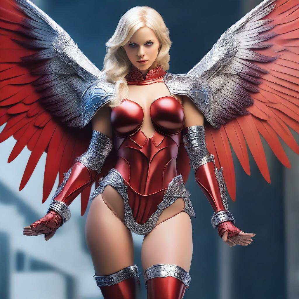 A sexy blonde woman with her legs spread, wearing red angelic armor and black wings