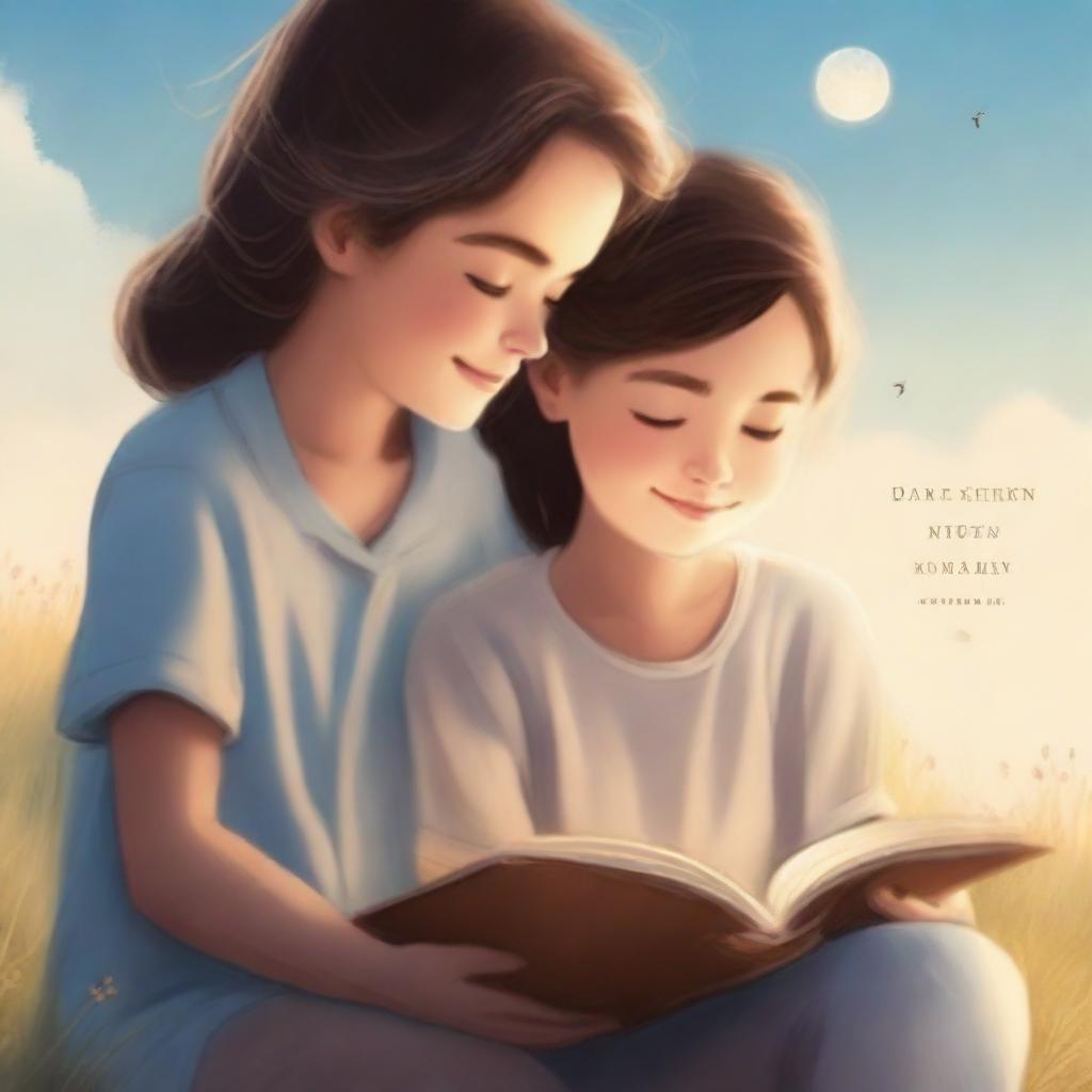 A peaceful book cover featuring a girl looking at a boy and smiling under a beautiful, clear sky