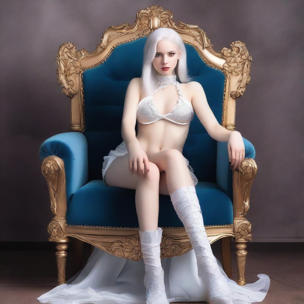 A sexy albino woman with white hair, sitting on a throne, wearing angelic clothing