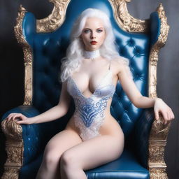 A sexy albino woman with white hair, sitting on a throne, wearing angelic clothing