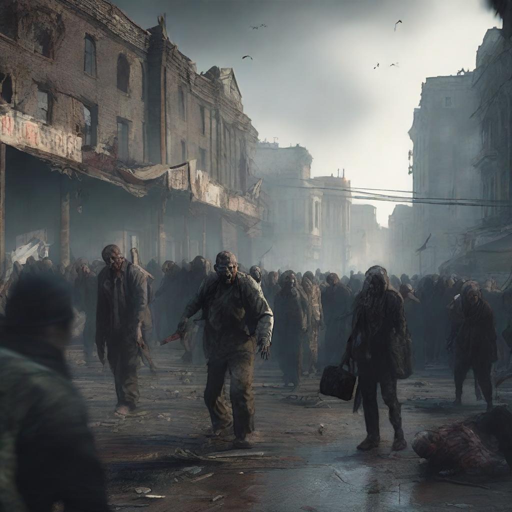 A horde of zombies swarming through a post-apocalyptic town