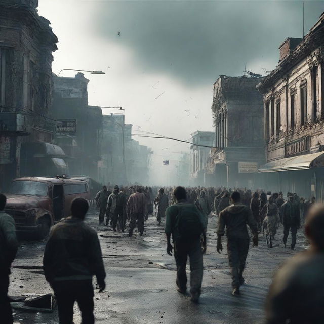 A horde of zombies swarming through a post-apocalyptic town