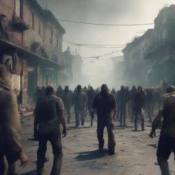 A horde of zombies swarming through a post-apocalyptic town