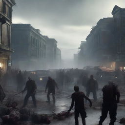 A horde of zombies swarming through a post-apocalyptic town