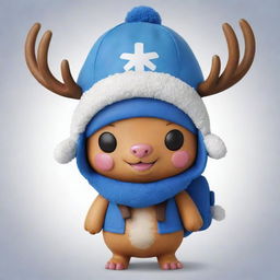 Generate an image of Tony Tony Chopper from One Piece. He's a small and cute reindeer with a blue nose, he typically wears a large winter hat and carries a backpack.