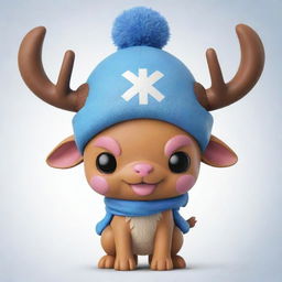 Generate an image of Tony Tony Chopper from One Piece. He's a small and cute reindeer with a blue nose, he typically wears a large winter hat and carries a backpack.