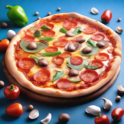 A delicious pizza with various toppings such as pepperoni, mushrooms, and bell peppers on a bright blue background