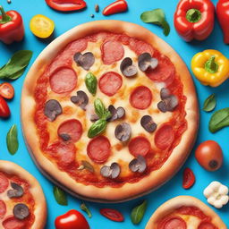 A delicious pizza with various toppings such as pepperoni, mushrooms, and bell peppers on a bright blue background