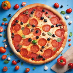 A delicious pizza with various toppings such as pepperoni, mushrooms, and bell peppers on a bright blue background