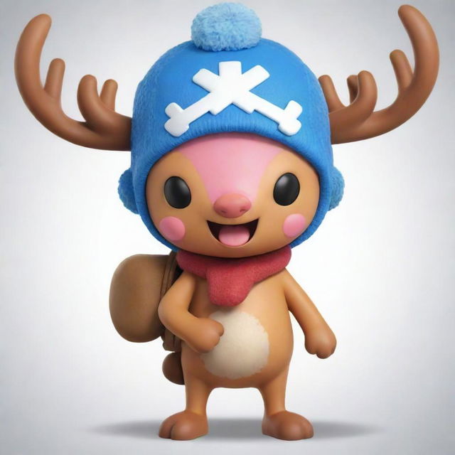 Generate an image of Tony Tony Chopper from One Piece. He's a small and cute reindeer with a blue nose, he typically wears a large winter hat and carries a backpack.