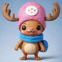 Generate an image of Tony Tony Chopper from One Piece. He's a small and cute reindeer with a blue nose, he typically wears a large winter hat and carries a backpack.