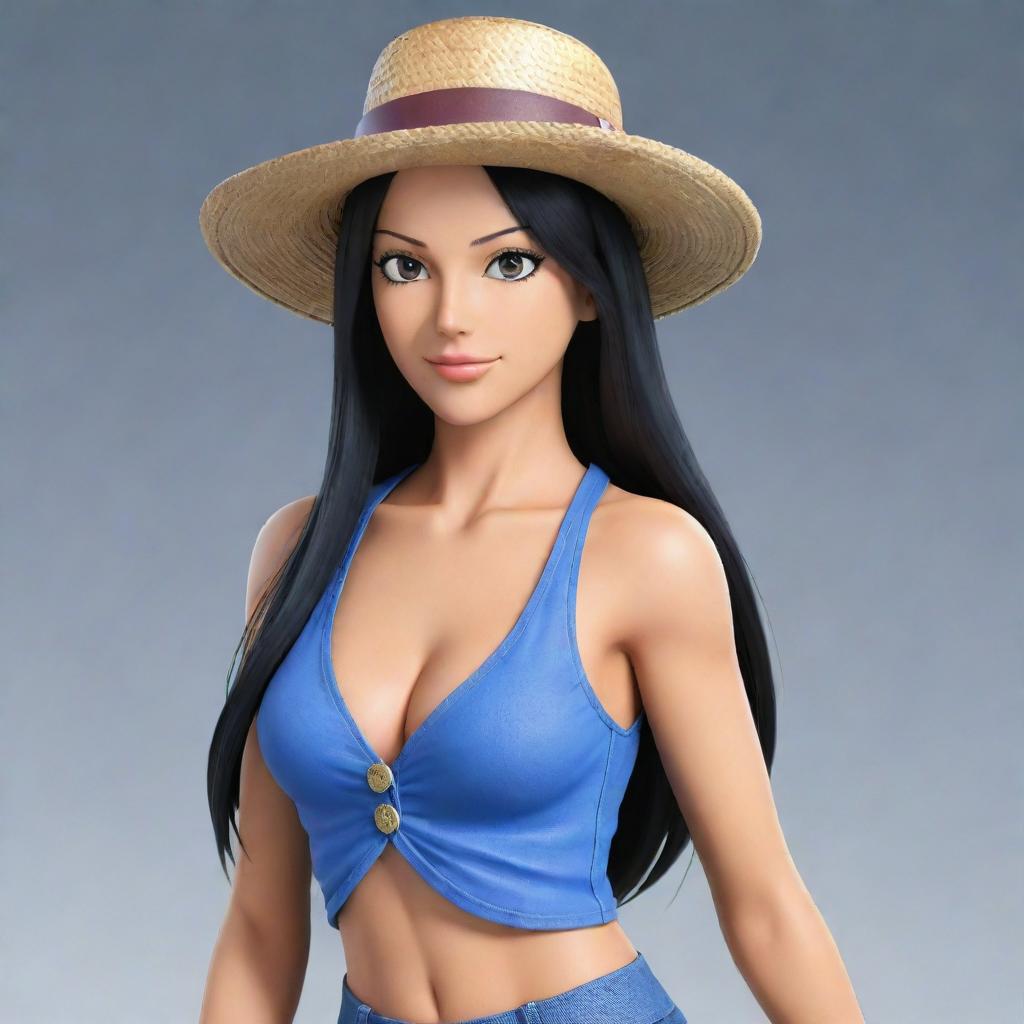 Generate a detailed image of Nico Robin from One Piece. She is an attractive woman with shoulder-length black hair, often seen wearing a wide-brimmed hat and casual, stylish clothes.