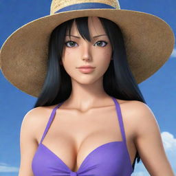 Generate a detailed image of Nico Robin from One Piece. She is an attractive woman with shoulder-length black hair, often seen wearing a wide-brimmed hat and casual, stylish clothes.