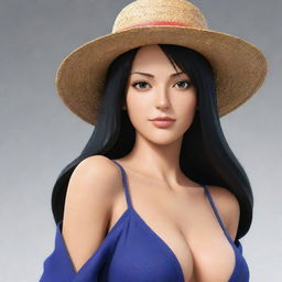 Generate a detailed image of Nico Robin from One Piece. She is an attractive woman with shoulder-length black hair, often seen wearing a wide-brimmed hat and casual, stylish clothes.