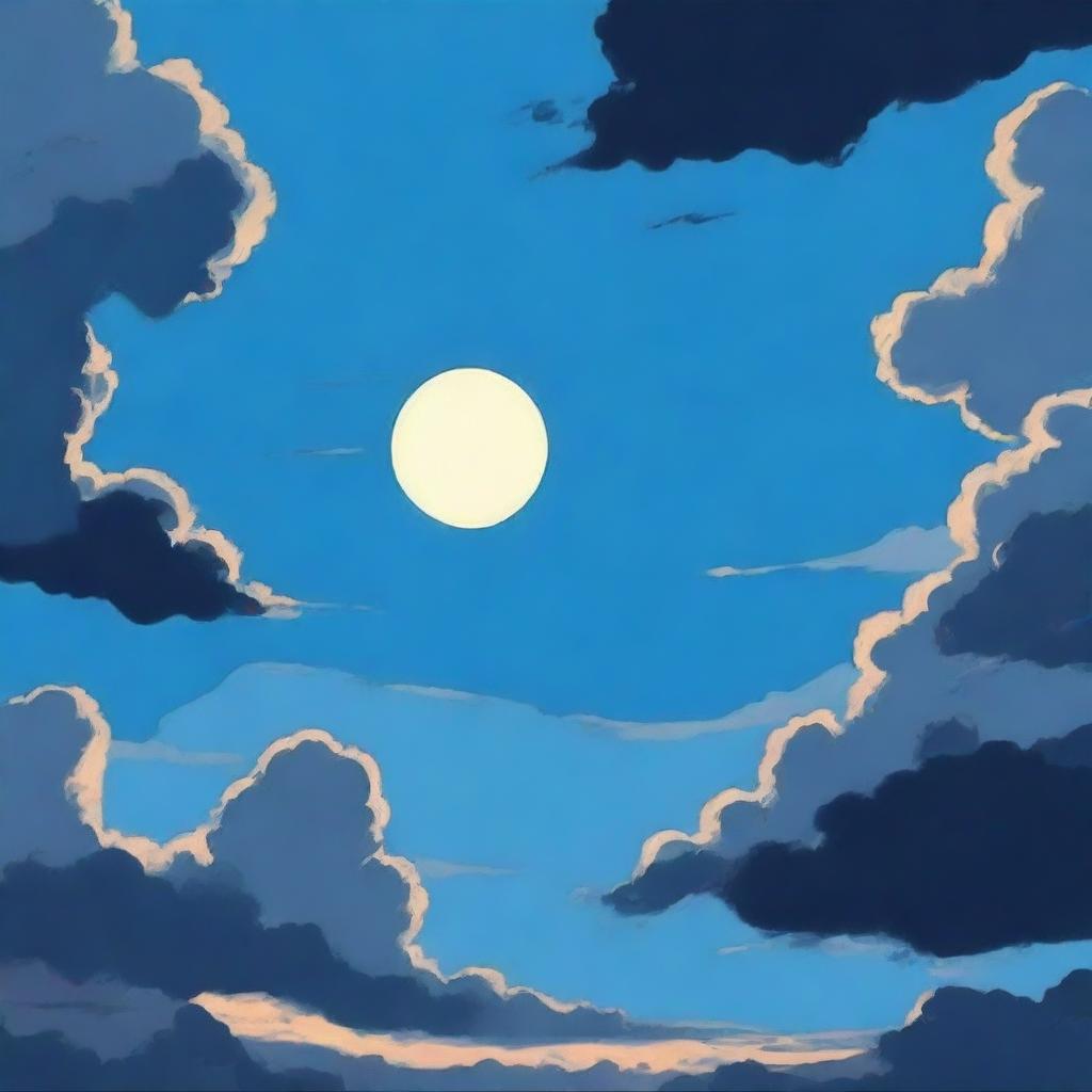 An anime-style depiction of a blue sky with scattered dark clouds