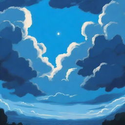 An anime-style depiction of a blue sky with scattered dark clouds