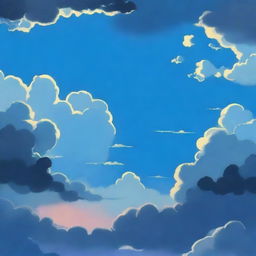 An anime-style depiction of a blue sky with scattered dark clouds