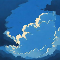 An anime-style depiction of a blue sky with scattered dark clouds