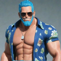 Generate an image of the character Franky, from One Piece. He has distinct cyborg features, dramatic blue hair, and sunglasses. Typically, he is seen wearing a Hawaiian shirt over his muscular upper body.