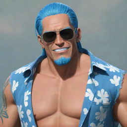 Generate an image of the character Franky, from One Piece. He has distinct cyborg features, dramatic blue hair, and sunglasses. Typically, he is seen wearing a Hawaiian shirt over his muscular upper body.