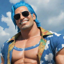 Generate an image of the character Franky, from One Piece. He has distinct cyborg features, dramatic blue hair, and sunglasses. Typically, he is seen wearing a Hawaiian shirt over his muscular upper body.