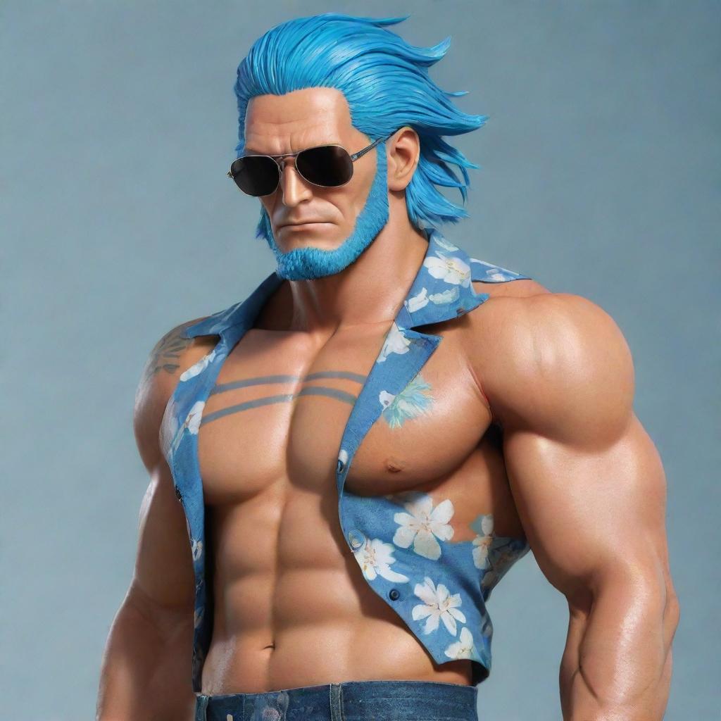 Generate an image of the character Franky, from One Piece. He has distinct cyborg features, dramatic blue hair, and sunglasses. Typically, he is seen wearing a Hawaiian shirt over his muscular upper body.