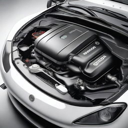 A detailed view of the engine of a sports car designed to run on compressed natural gas (CNG)