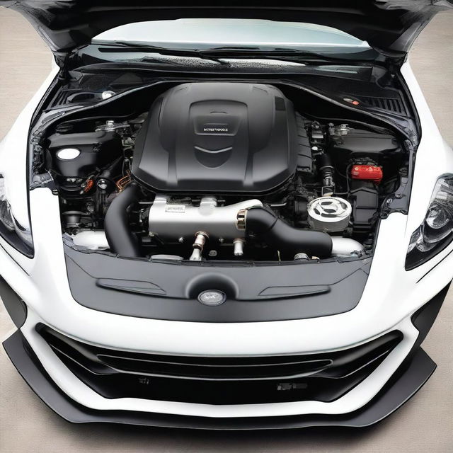 A detailed view of the engine of a sports car designed to run on compressed natural gas (CNG)