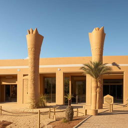 Ancient Egyptian-themed tourism company exterior modeled after pharaonic temples, and an interior showcasing the reception and staff offices dressed in Egyptian civilization decor.