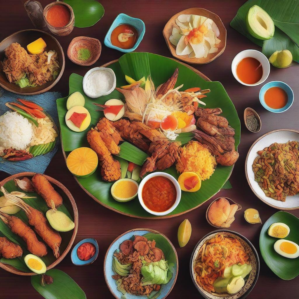 A vibrant and colorful depiction of traditional Balinese cuisine, featuring a variety of dishes such as Nasi Goreng, Satay, Lawar, and fresh tropical fruits