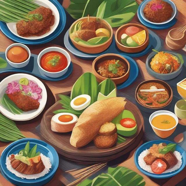 A vibrant and colorful depiction of traditional Balinese cuisine, featuring a variety of dishes such as Nasi Goreng, Satay, Lawar, and fresh tropical fruits