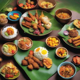 A vibrant and colorful depiction of traditional Balinese cuisine, featuring a variety of dishes such as Nasi Goreng, Satay, Lawar, and fresh tropical fruits